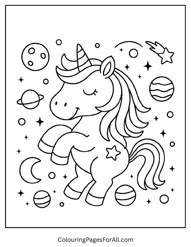 Galaxy unicorn coloring page floating in outer space pdf