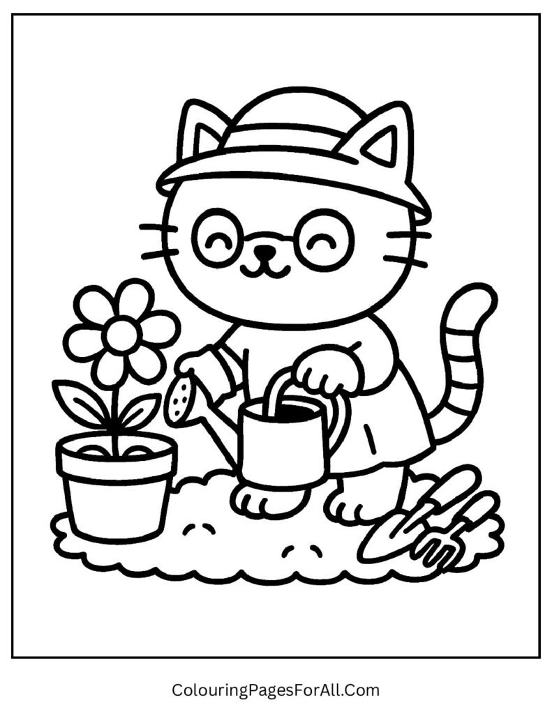 Gardener cat with watering can and flowers coloring sheet