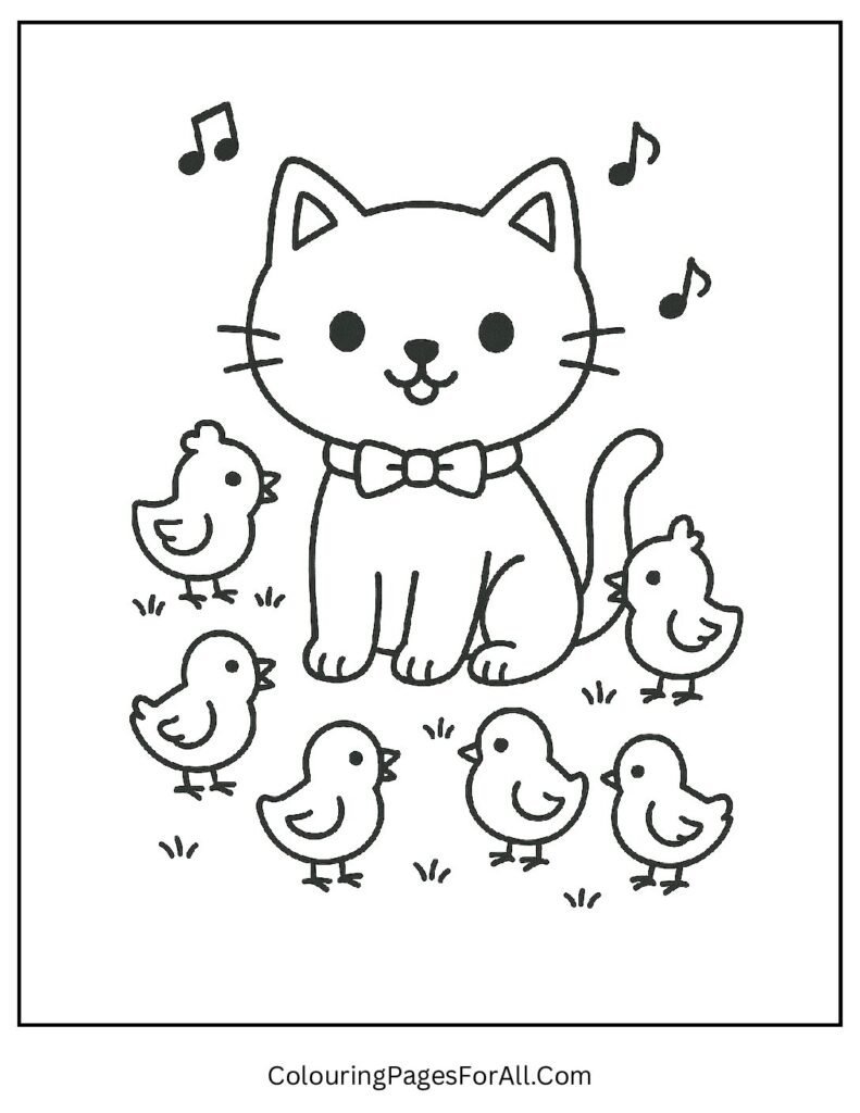 Gentle cat with baby chicks around coloring page for spring
