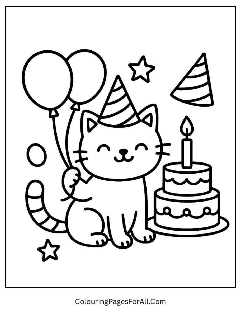 Happy birthday cat with cake and balloons coloring page for kids