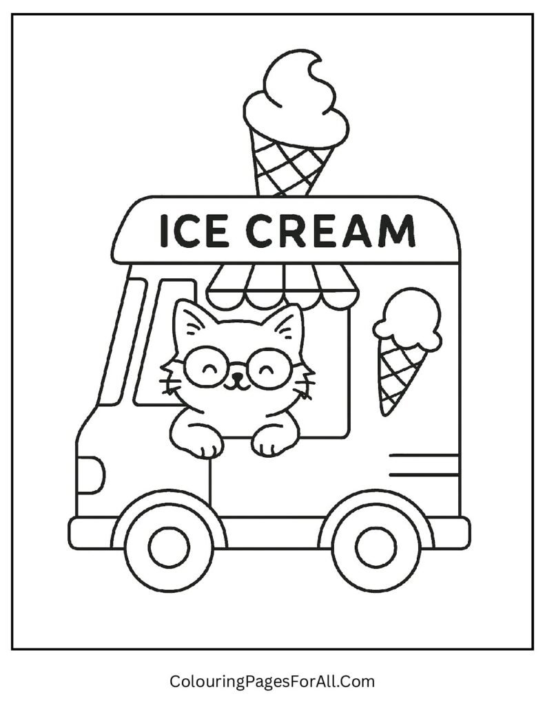 Ice cream truck cat serving cones on a sunny day coloring printable