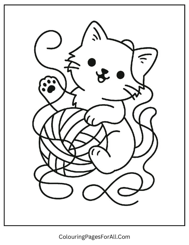 Kitten tangled in colorful ball of yarn coloring page