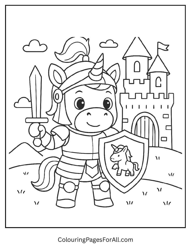 Knight unicorn in armor coloring page with medieval castle 1 1 pdf