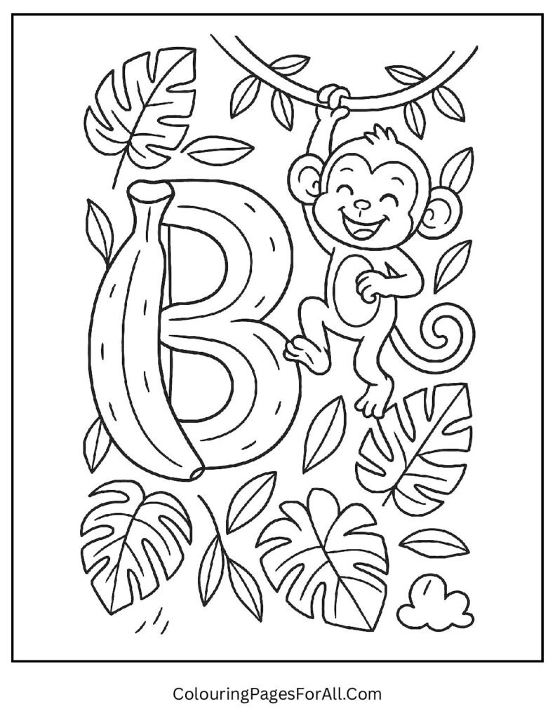 Letter B Banana Coloring Page – Funny Monkey with Banana and Big Letter B Printable (1)