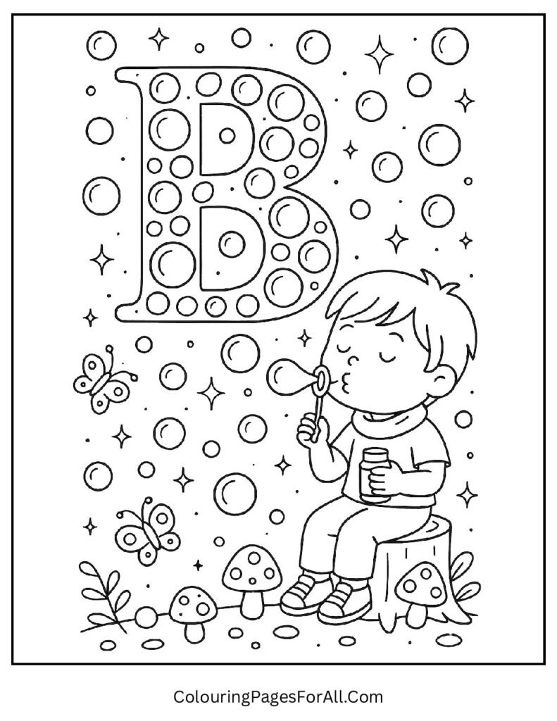 Letter B Banana Coloring Page – Funny Monkey with Banana and Big Letter B Printable