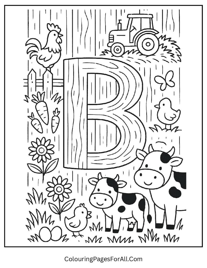 Letter B Barn Coloring Page – Farm-Themed Coloring Page with Barn and Letter B