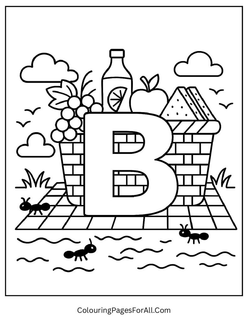 Letter B Basket Coloring Page – Picnic Basket and Fruits with Big B Letter Printable