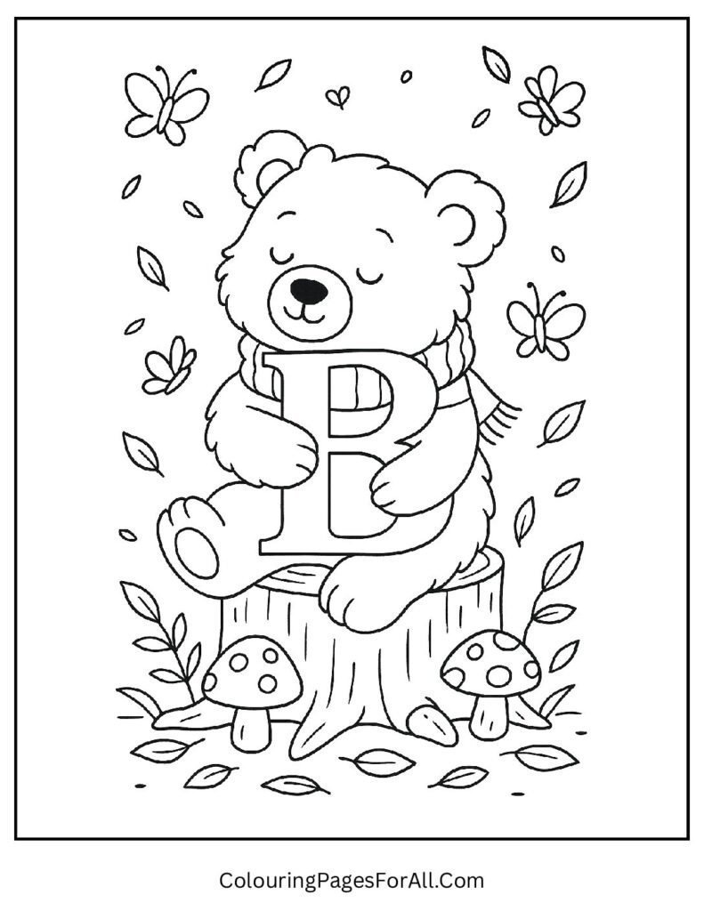 Letter B Bear Coloring Page – Adorable Bear Hugging the Letter B for Preschoolers