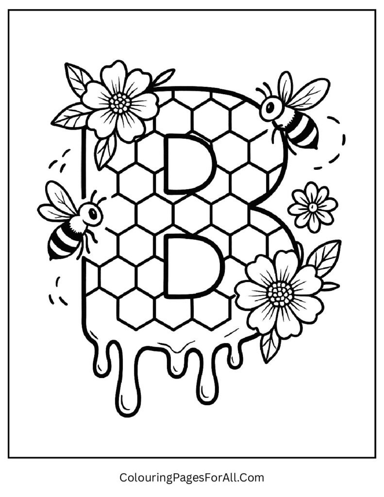 Letter B Bee Coloring Page – Cute Bee and Honeycomb Design for Kids