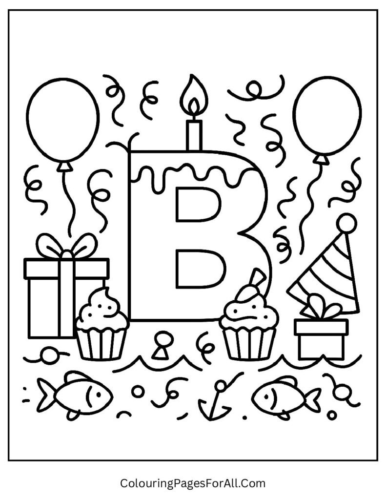 Letter B Birthday Coloring Page – Party Scene with Cake, Gifts, and Big B Letter