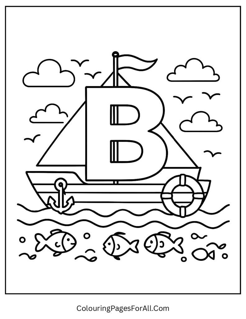 Letter B Boat Coloring Page – Sailing Boat with Waves and Letter B for Coloring Fun