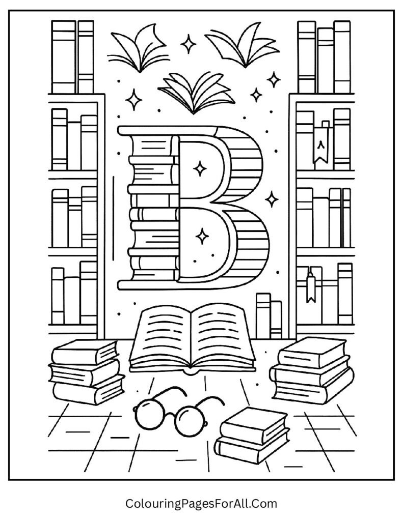 Letter B Books Coloring Page – Alphabet Page with Books and Letter B in a Library