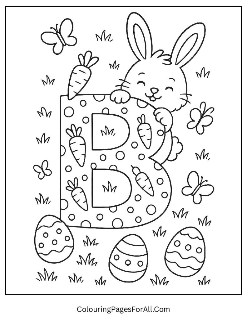 Letter B Bunny Coloring Page – Cute Bunny and Carrots with Bold Letter B for Kids