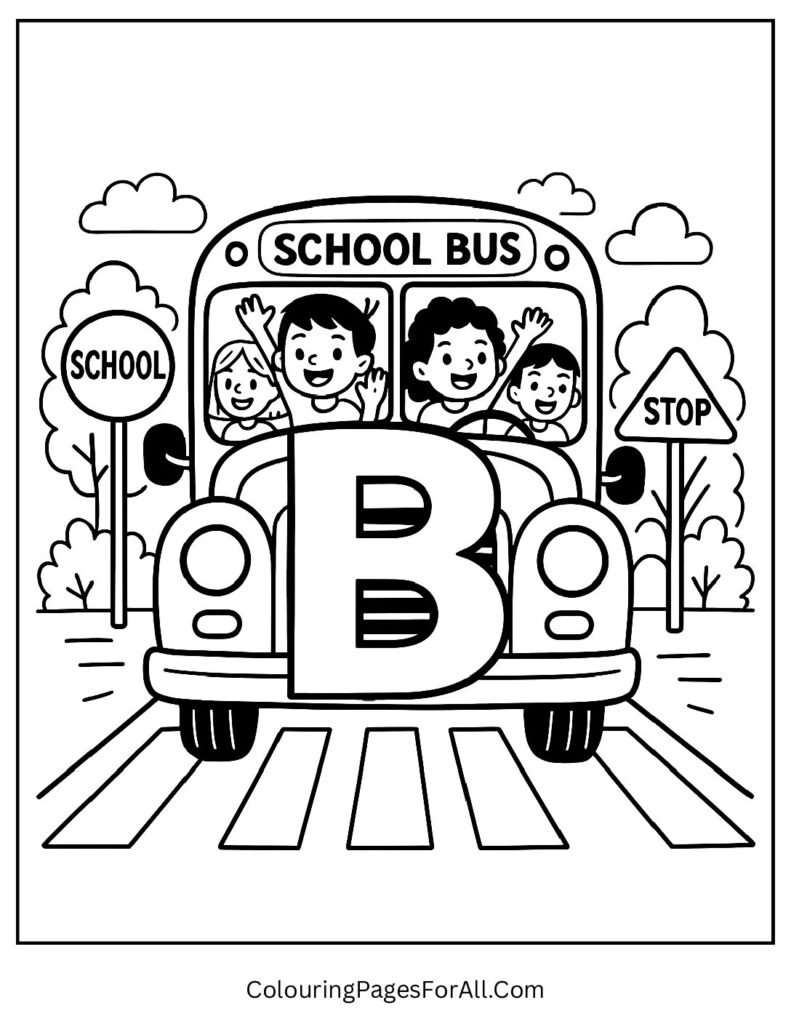 Letter B Bus Coloring Page – School Bus Scene with Big Letter B for Kids to Color