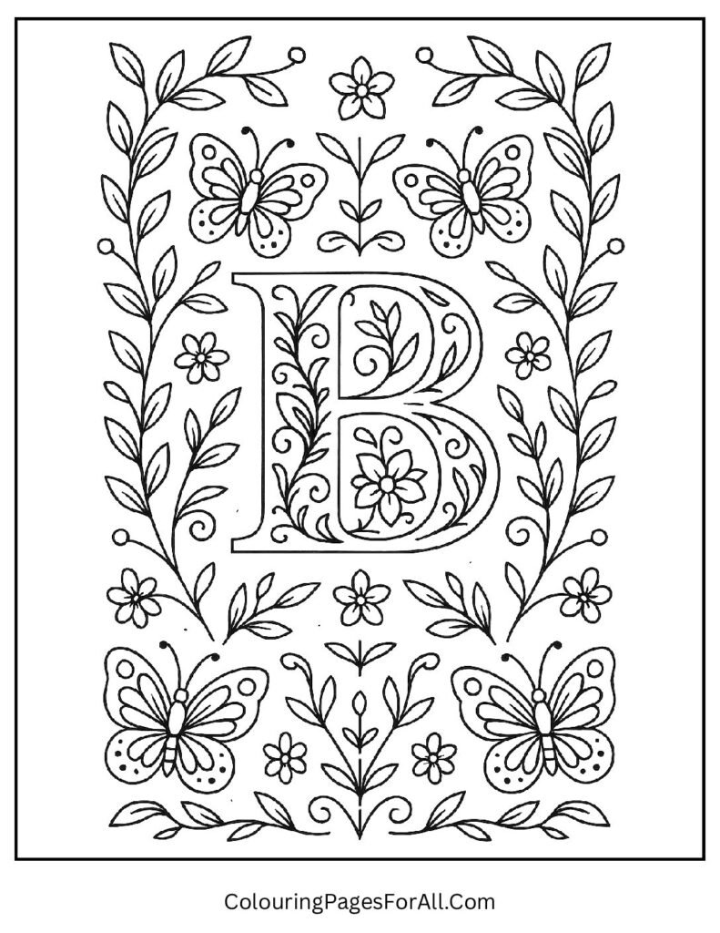 Letter B Butterfly Coloring Page – Detailed Butterflies and Flowers Alphabet Sheet