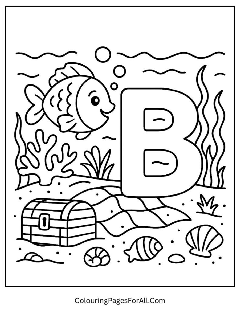 Letter B Fish Coloring Page – Underwater Scene with Fish Named Bubbles and B Letter