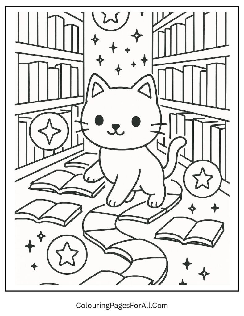Magical library cat walking between glowing bookshelves coloring design