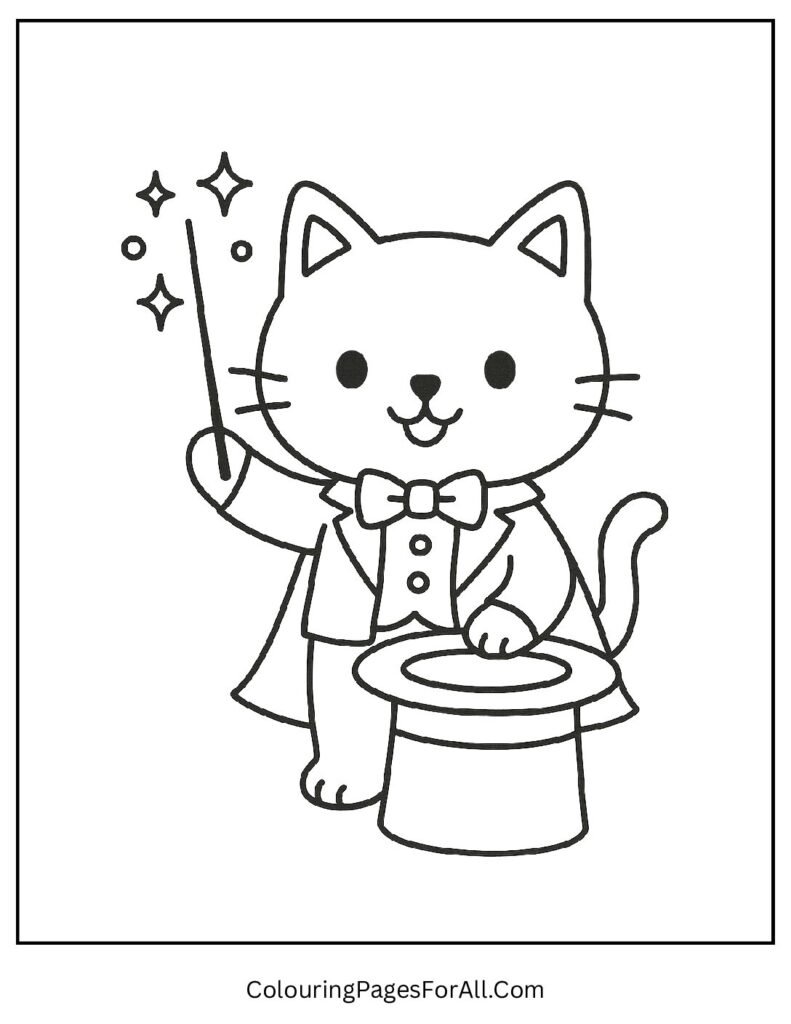 Magician cat pulling tricks with wand and hat coloring page