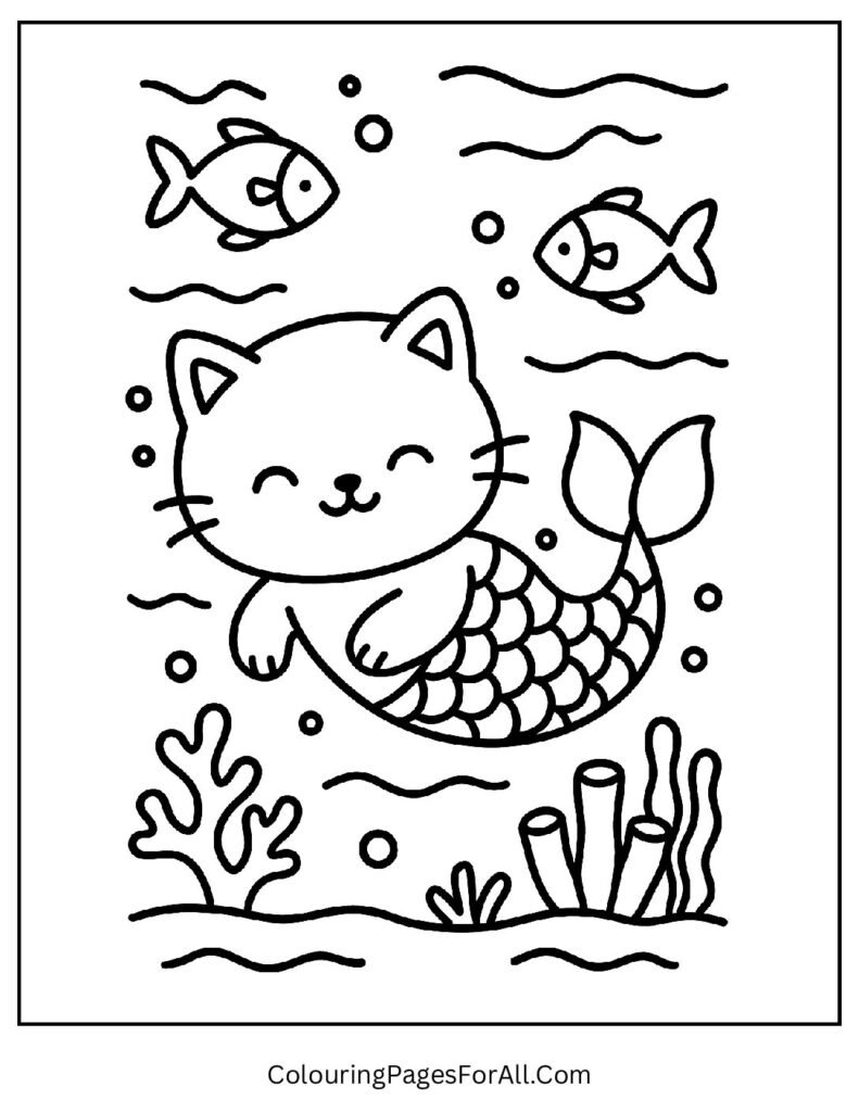 Mermaid cat swimming with sea creatures underwater coloring page