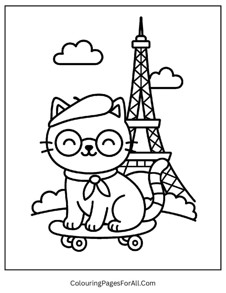 Paris cat with beret and Eiffel Tower background coloring sheet