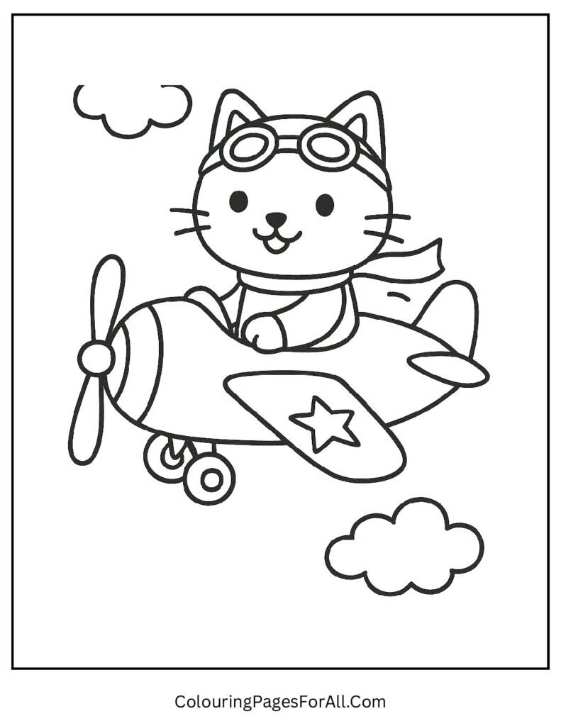Pilot cat flying biplane in cloudy sky coloring page
