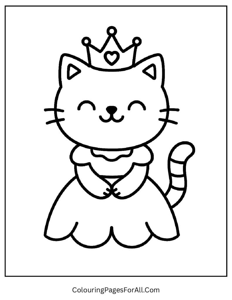 Princess cat wearing a crown and royal gown coloring image
