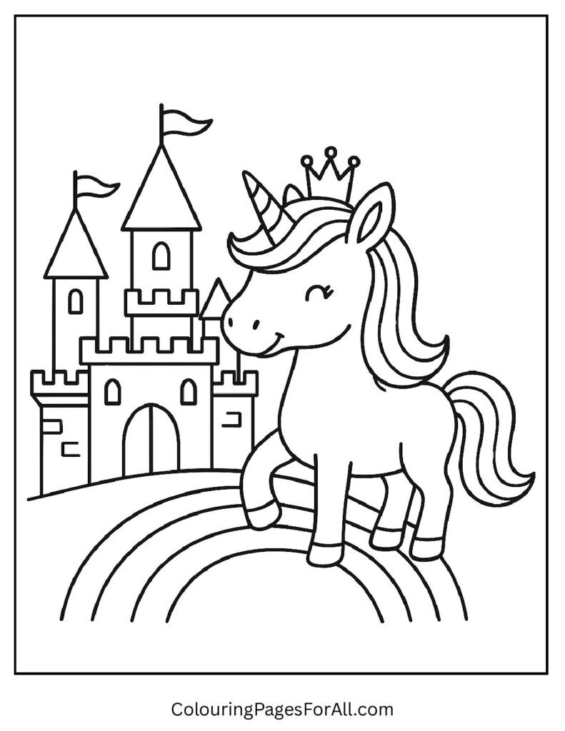 Princess unicorn near fairytale castle coloring page 2 pdf