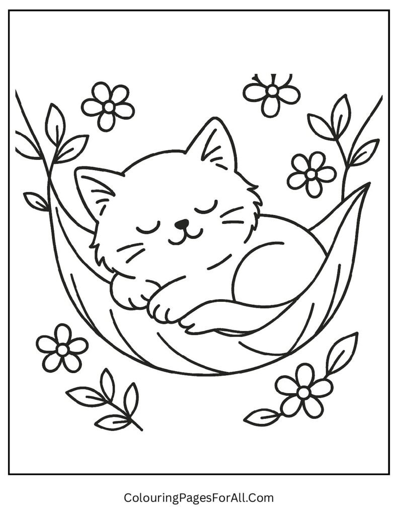Relaxed cat sleeping in a flower hammock coloring design