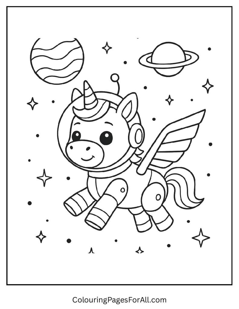 Robot unicorn in space coloring page with planets and stars 1 pdf