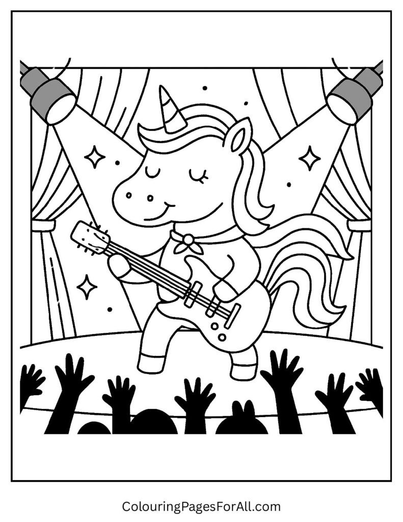 Rockstar unicorn on stage coloring page with guitar and lights 1 pdf