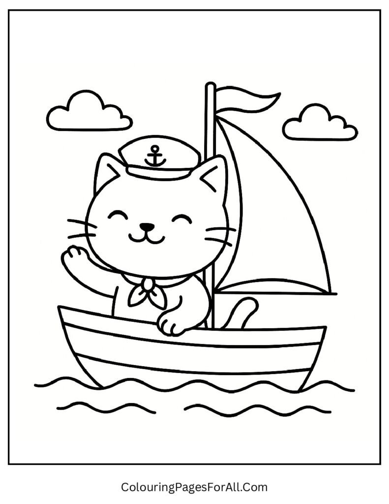 Sailor cat steering boat with waves and seagulls coloring printable