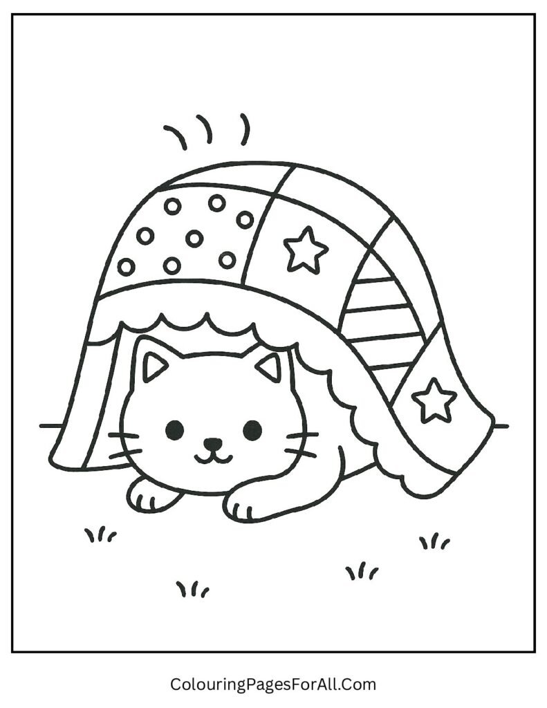Shy cat hiding under cozy quilt blanket coloring page