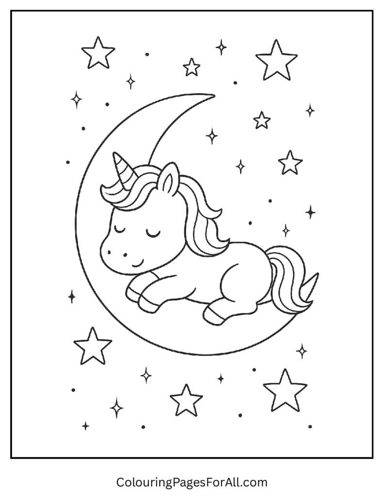 Sleeping unicorn on a crescent moon coloring page for children 1 2 pdf