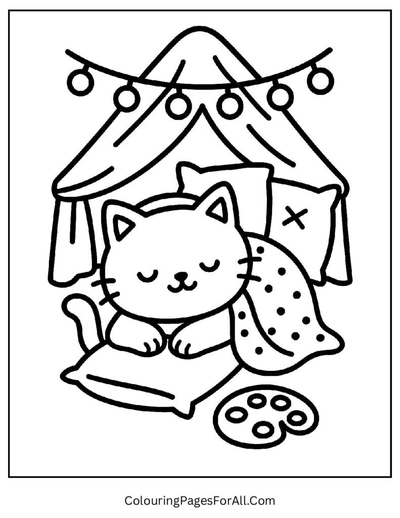 Sleepy cat under blanket fort with pillows and lights coloring page