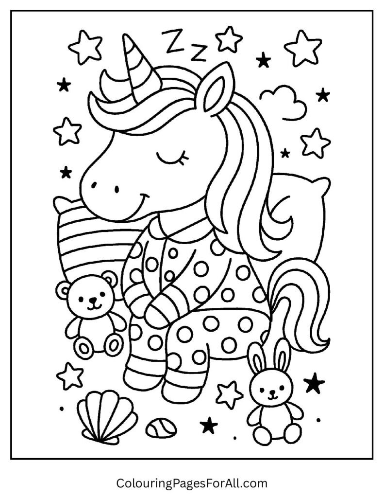 Sleepy unicorn pajama party coloring page for bedtime fun 1 pdf