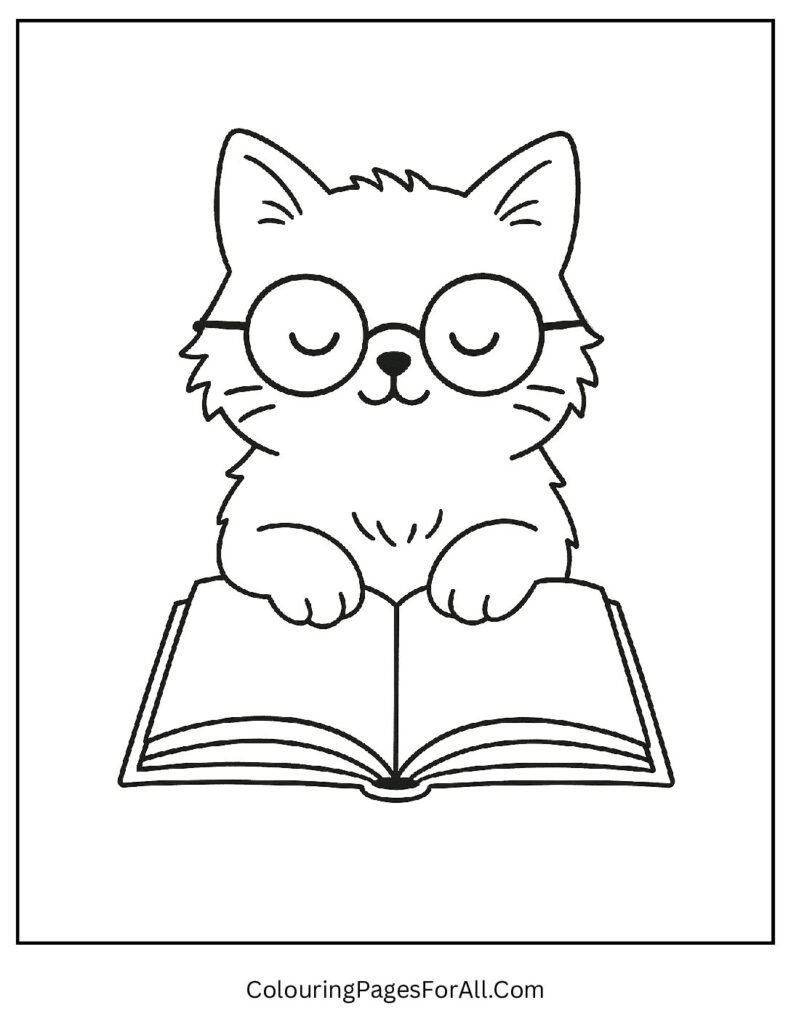 Smart cat reading a book with glasses coloring illustration