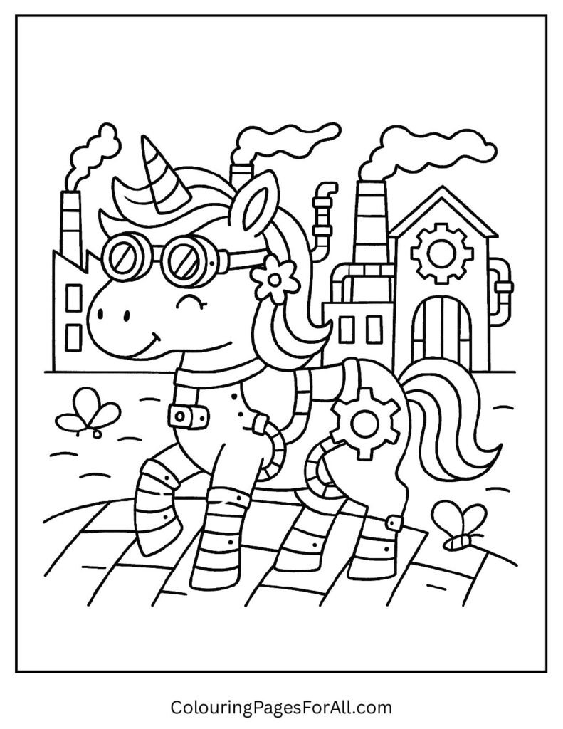 Steampunk unicorn coloring page with gears and goggles 1 1 pdf
