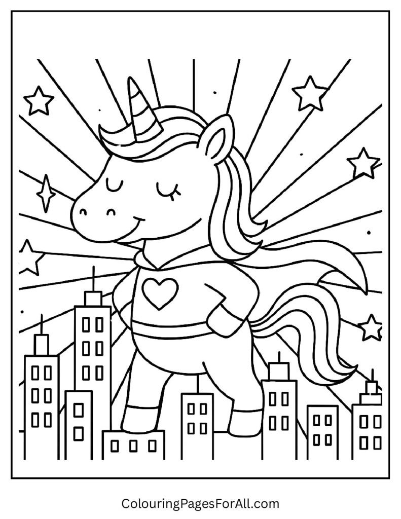 Superhero unicorn coloring page in comic style 1 pdf