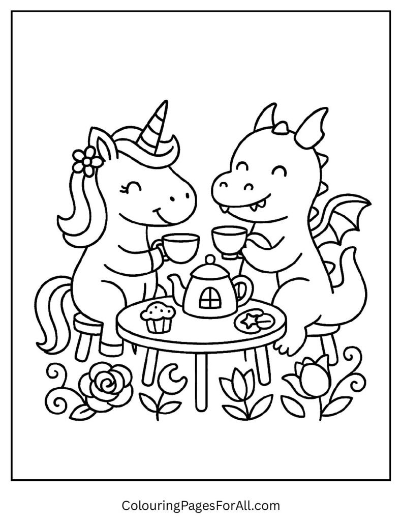Unicorn and dragon friendship coloring page for kids 1 pdf