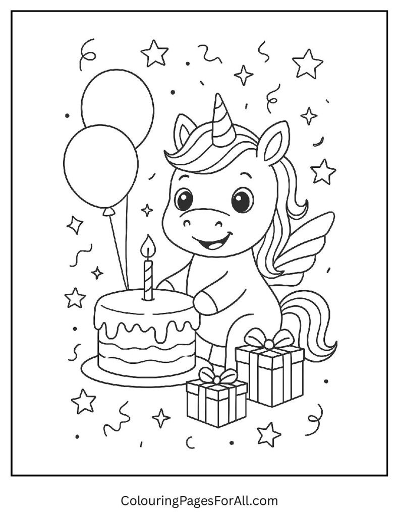 Unicorn birthday cake celebration coloring page 1 pdf