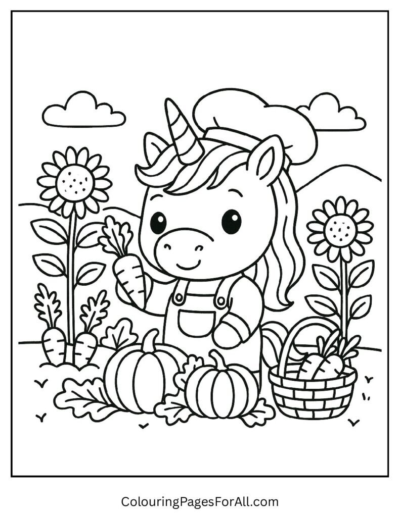Unicorn farmer coloring page harvesting garden vegetables 1 pdf