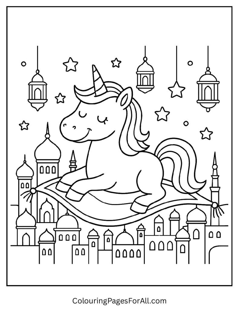 Unicorn flying on magic carpet coloring page for fantasy lovers 1 pdf