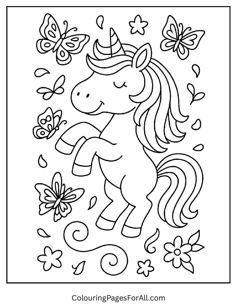 Unicorn flying with butterflies coloring page for spring 1 pdf