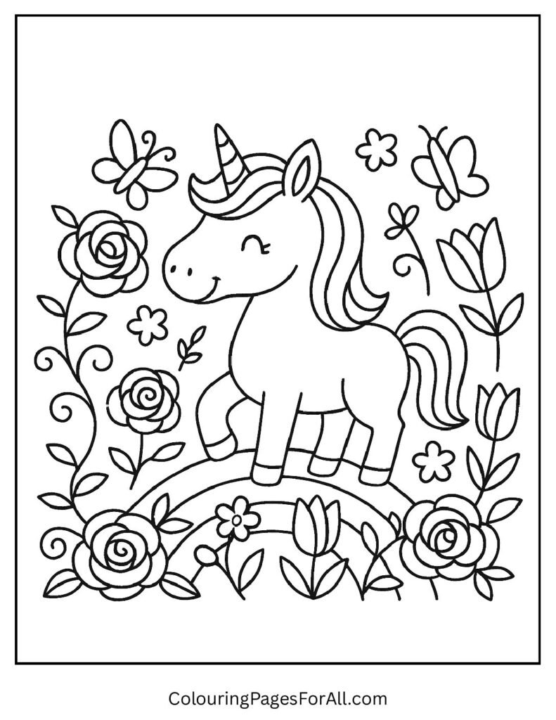Unicorn in a flower garden coloring page with butterflies 1 pdf
