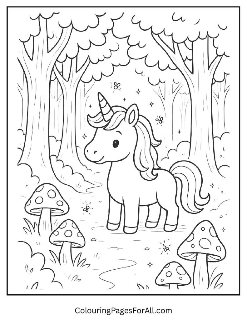Unicorn in a magical forest coloring page for kids pdf