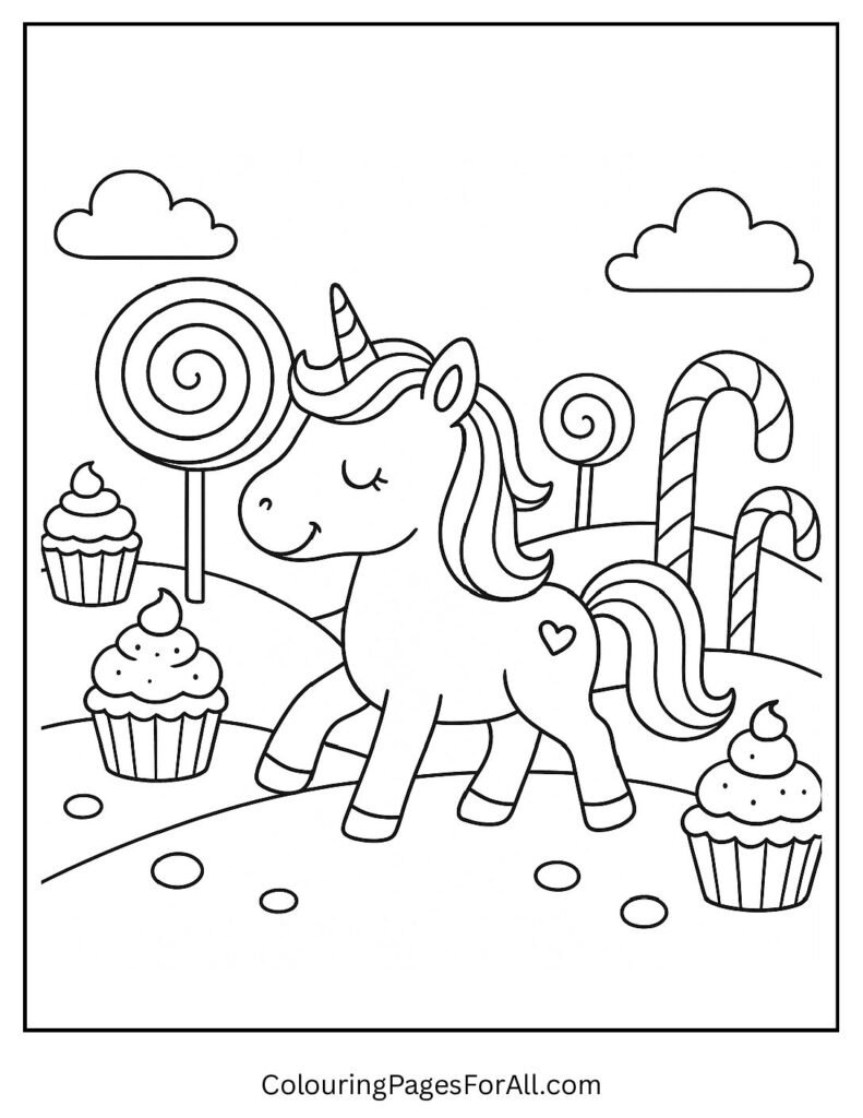 Unicorn in candy land coloring page with sweets and lollipops 1 3 pdf