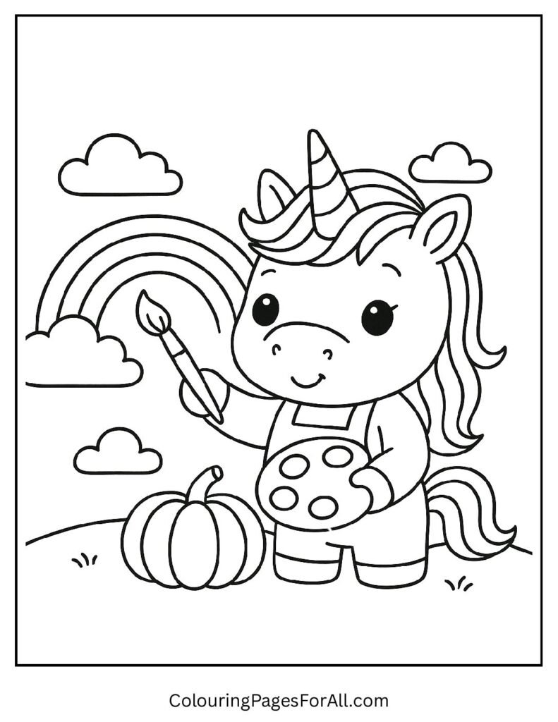Unicorn painting rainbow across sky coloring page for children 1 1 pdf