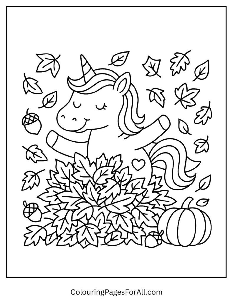 Unicorn playing in autumn leaves coloring page for fall 1 pdf
