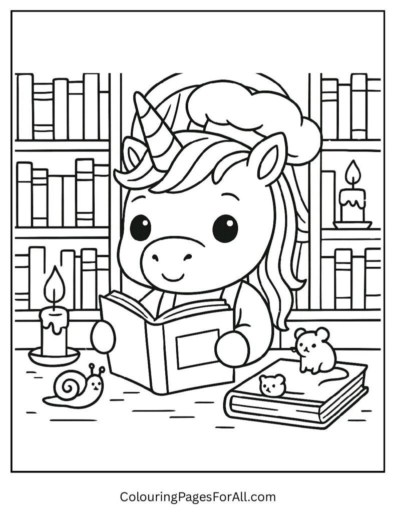 Unicorn reading books in cozy library coloring page 1 pdf