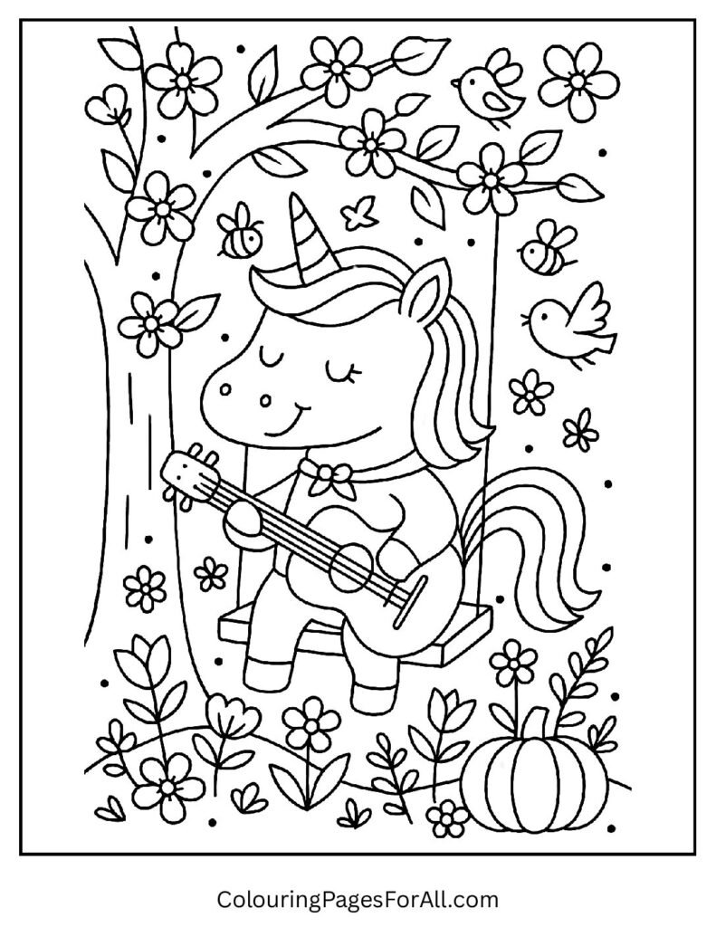 Unicorn swinging from tree spring coloring page for kids 1 1 pdf